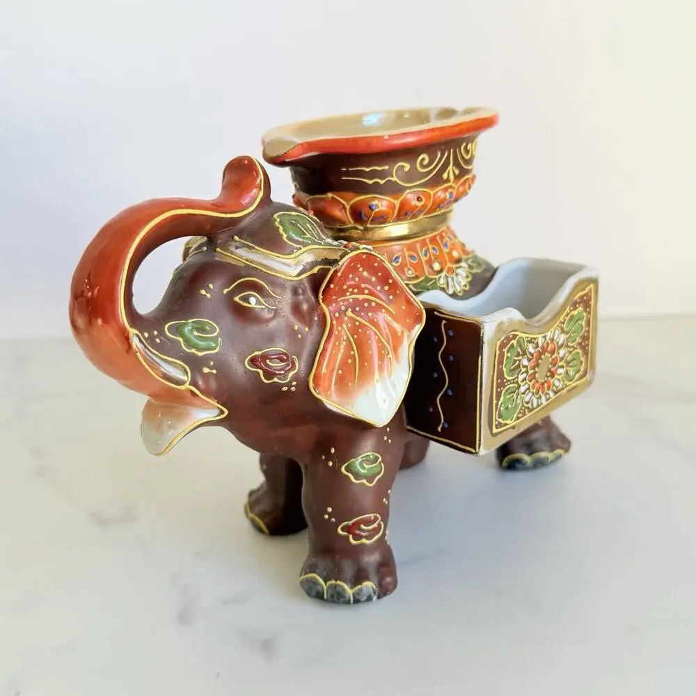 Vintage Japan Elephant Decor Hand Painted Moriage Hollywood Regency Chinoiserie